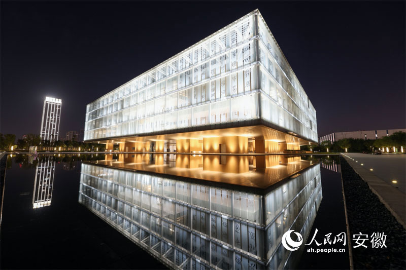 夜色下的阜陽市圖書館。人民網(wǎng)記者 張俊攝